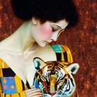 Elaborate hairstyle woman with tiger in rich textures