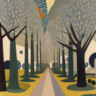 Surreal painting of pathway with leafless trees and distant building