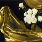 Luxurious White Roses and Golden Leaves Composition on Dark Background