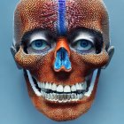 Detailed Gold and Red Ornate Mask on Blue Background with Striking Blue Eyes