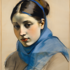 Elaborate Blue Headpiece on Woman with Contemplative Expression