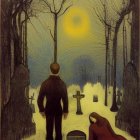 Snowy cemetery scene: Two figures under yellow moon in winter setting