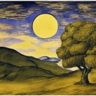 Nighttime landscape with multiple moons and planets, yellow tree, village, and rolling hills.