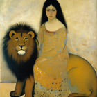 Serene woman in yellow dress with majestic lion on creamy yellow background