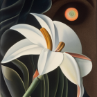 Botanical painting of white magnolia blossom with green leaves and red flower