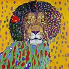 Colorful Lion Painting with Floral and Psychedelic Patterns on Dotted Yellow Background