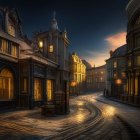 Old European Style Townscape at Night: Cobblestone Streets, Canal, and Warm Yellow Lights