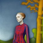 Woman in striped dress contemplates autumn landscape