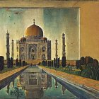 Illustration of Taj Mahal with stylized full moon and reflection in waterway