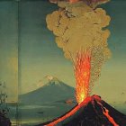 Japanese woodblock print: Mount Fuji eruption in ukiyo-e style