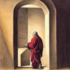 Robed Figure in Doorway Observing Haloed Figure in Luminous Interior