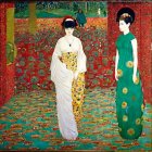 Two women in Art Nouveau style dresses in vibrant, ornate room