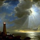 Dramatic seascape with lighthouse, storm clouds, and ship spotlight