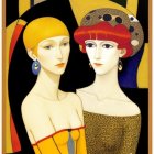 Vibrant painting featuring two stylized women with elongated necks.