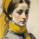 Illustrated female portrait with yellow headscarf and collar, multicolored shadows.