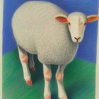 Fluffy white sheep painting in grassy field with blue sky