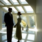 Formal Attired Couple in Modern Room with Geometric Ceiling