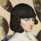 Stylized woman with pale skin and dark hair in ornate black helmet surrounded by golden-winged