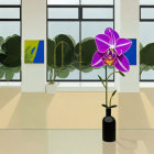 Stylized interior with pink orchid, abstract art, and silhouette trees through windows