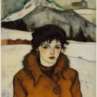 Dark Curly Haired Woman Portrait on Wintry Landscape with Mountains and Falling Snow