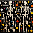 Stylized skeletons on geometric background with colorful circles and lines