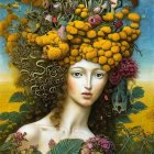 Vibrant surreal portrait of a woman with floral headpiece in vivid landscape