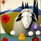 Surreal painting: Goat with mountain features in colorful landscape