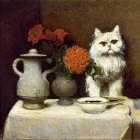 Fluffy white cat with dark markings on floral tablecloth with teapot, cup, and flowers