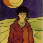 Woman in scarf and coat under starry night sky with moon