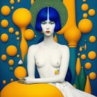 Surreal portrait: woman with blue hair, pale skin, orange-yellow orbs on blue background