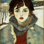 Portrait of a woman with dark curly hair and snowy landscape in Klimt-inspired art style