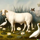 White Bull Painting Surrounded by Greenery, Lilies, and Birds