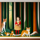 Surreal painting of child with colorful cats in forest