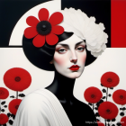 Stylized portrait of woman in black and white attire with red and white flowers on abstract geometric background