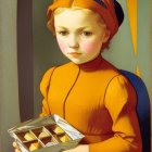 Young girl in mustard dress with fruit bowl.