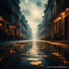 Twilight urban scene: dimly lit cobblestone street with glowing orb light and geometric reflections