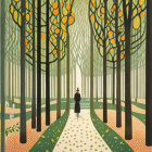 Forest path with two people walking under tall trees