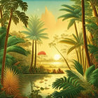 Tranquil tropical landscape with palm trees and calm river