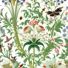 Colorful Floral Pattern with Butterfly and Green Foliage