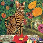 Colorful Striped Cat in Floral Background with Green Eyes