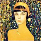 Stylized portrait of woman with 1920s flapper hairstyle in yellow garment against blue and