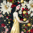 Woman in Golden Dress with Red Floral Headpiece Among White Flowers