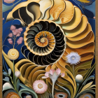 Nautilus Shells and Blooming Flowers on Dark Blue Background