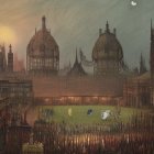 Vintage-style painting of crowded stadium with football match and gothic architecture under misty twilight sky.