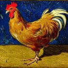 Detailed golden-brown rooster with red comb on blue background