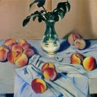 Classic Still Life Painting with Peaches, Glass Vase, and Bowl