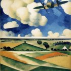 Vibrant stylized landscape with biplane flying low over patterned fields