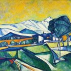 Colorful painting of geometric landscape with town, hills, icy mountains, and yellow sky