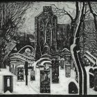 Gothic-style mansion in snowy graveyard with bare trees and headstones