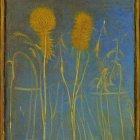 Assorted plants painting with central golden tulip on textured blue background